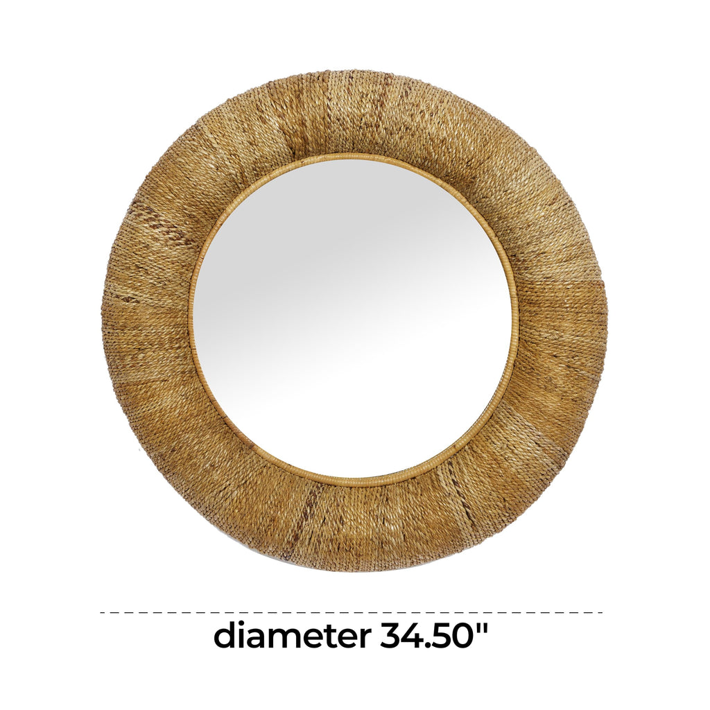Rattan Room Wall Mirror Coiled Weaved Frame Entryway Mirror, Wall Mounted Mirror 35" x 3" x 35", Brown