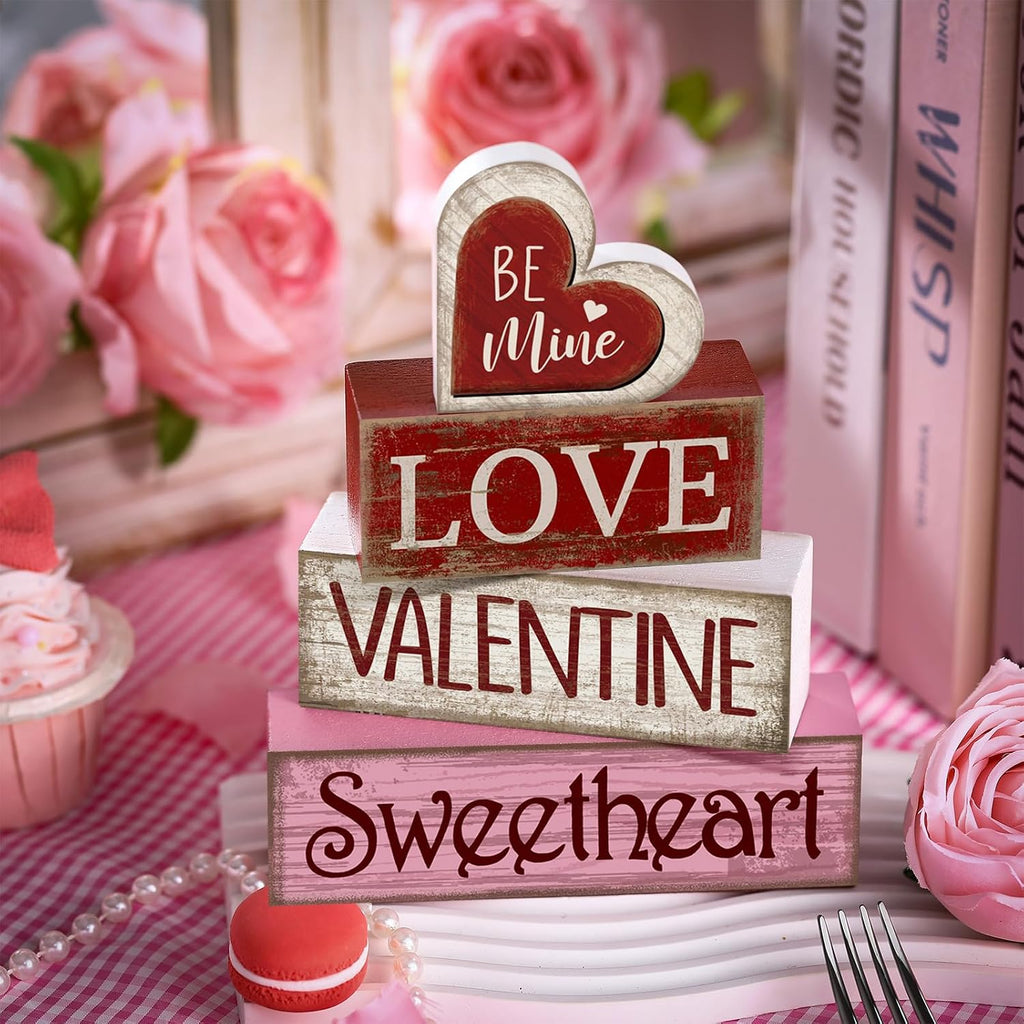 Wooden Valentine Block Signs Tiered Tray Decor - Set of 4