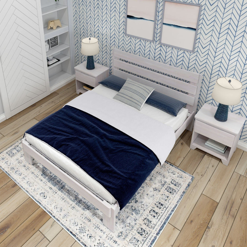 Modern Farmhouse Single Bed (Queen), Plank Headboard, White Wash