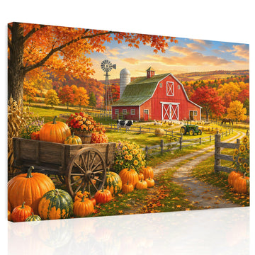 Fall Farmhouse Canvas Print Wall Art - Rural Red Barn Pumpkins Windmill Rustic - Wall Decor Modern Artwork Paintings