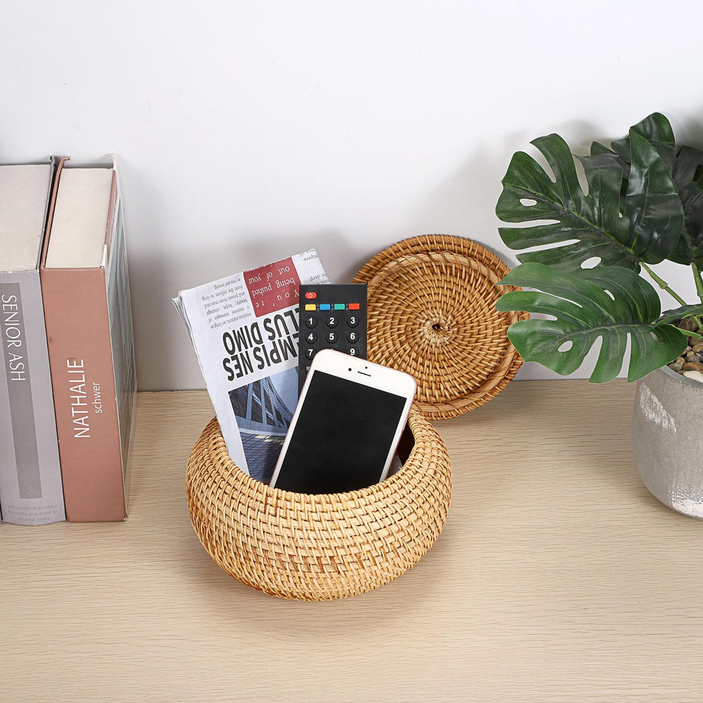 Handwoven Rattan Basket Round Wicker Storage Box with Lid