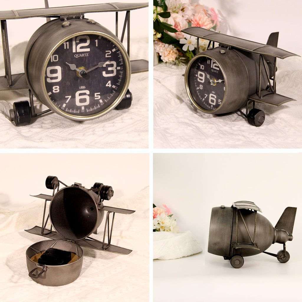 Airplane Metal Tabletop Clock Industrial Home Decor Accents for the Mantel, Shelf, Desk, or Any Table Top, Battery