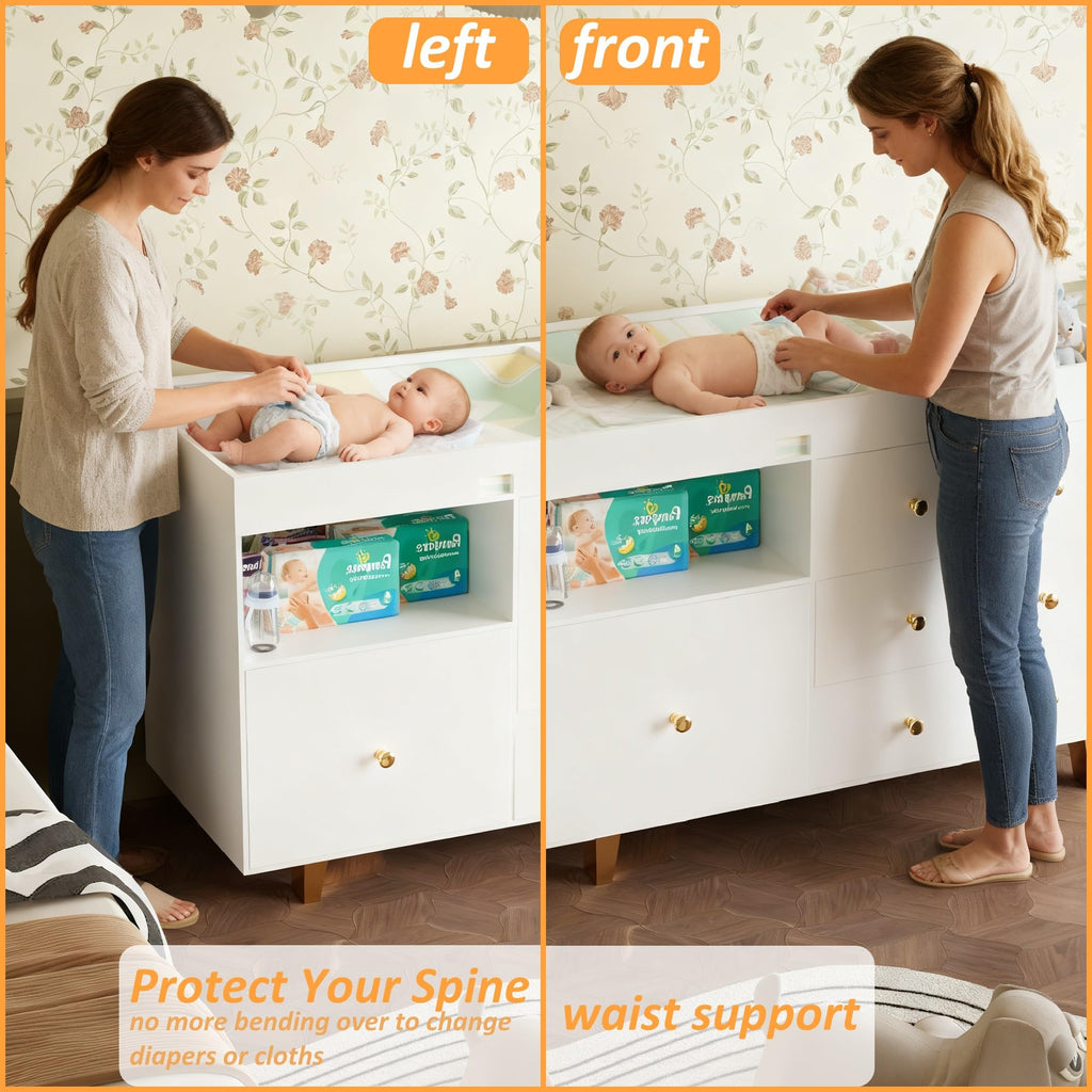 Wooden Baby Changing Table Dresser, Diaper Changing Table with Large Tabletop, 4 Drawers, Open Storage Space & Side