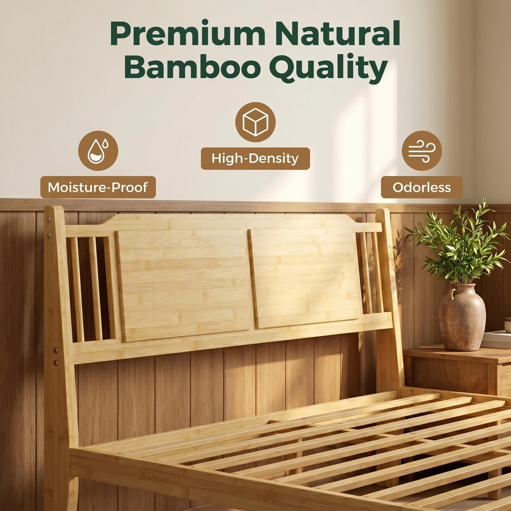 Bamboo Full Bed Frame with Headboard, 14 inch Wood Platform Bed Frames Full Size No Box Spring Needed, Rustic