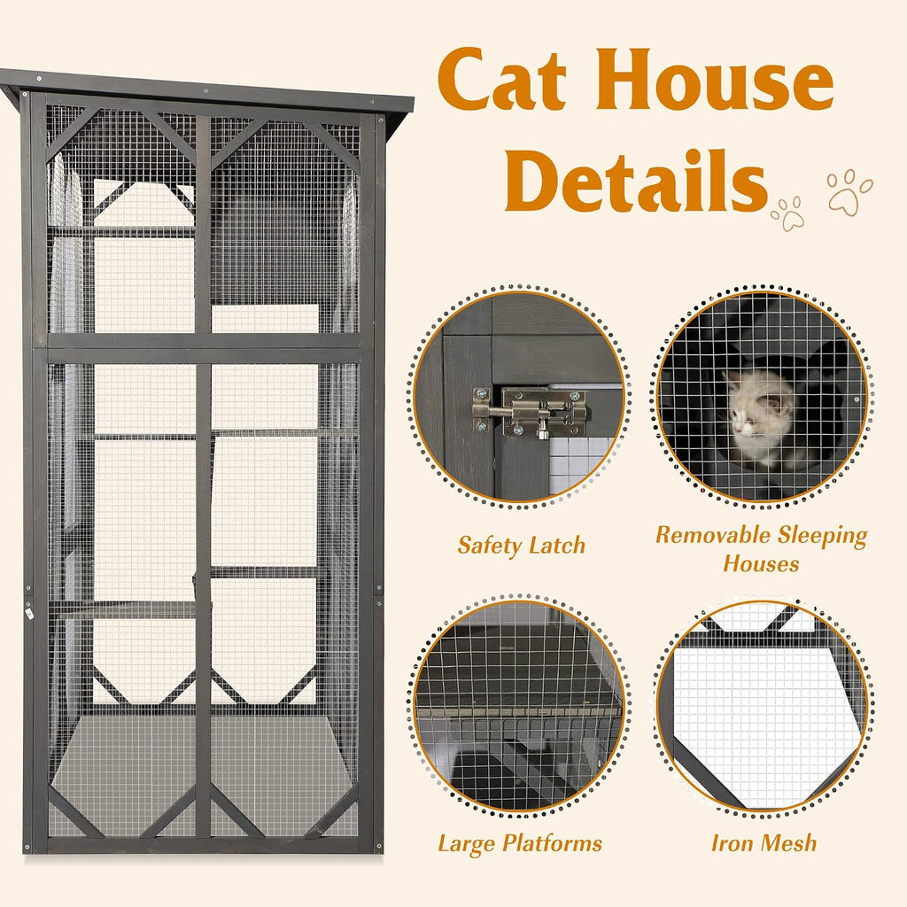 Cat Enclosure Large Outdoor Catio Wooden Cat House with Weatherproof, Cat Cage Condo Indoor Playpen with Platform