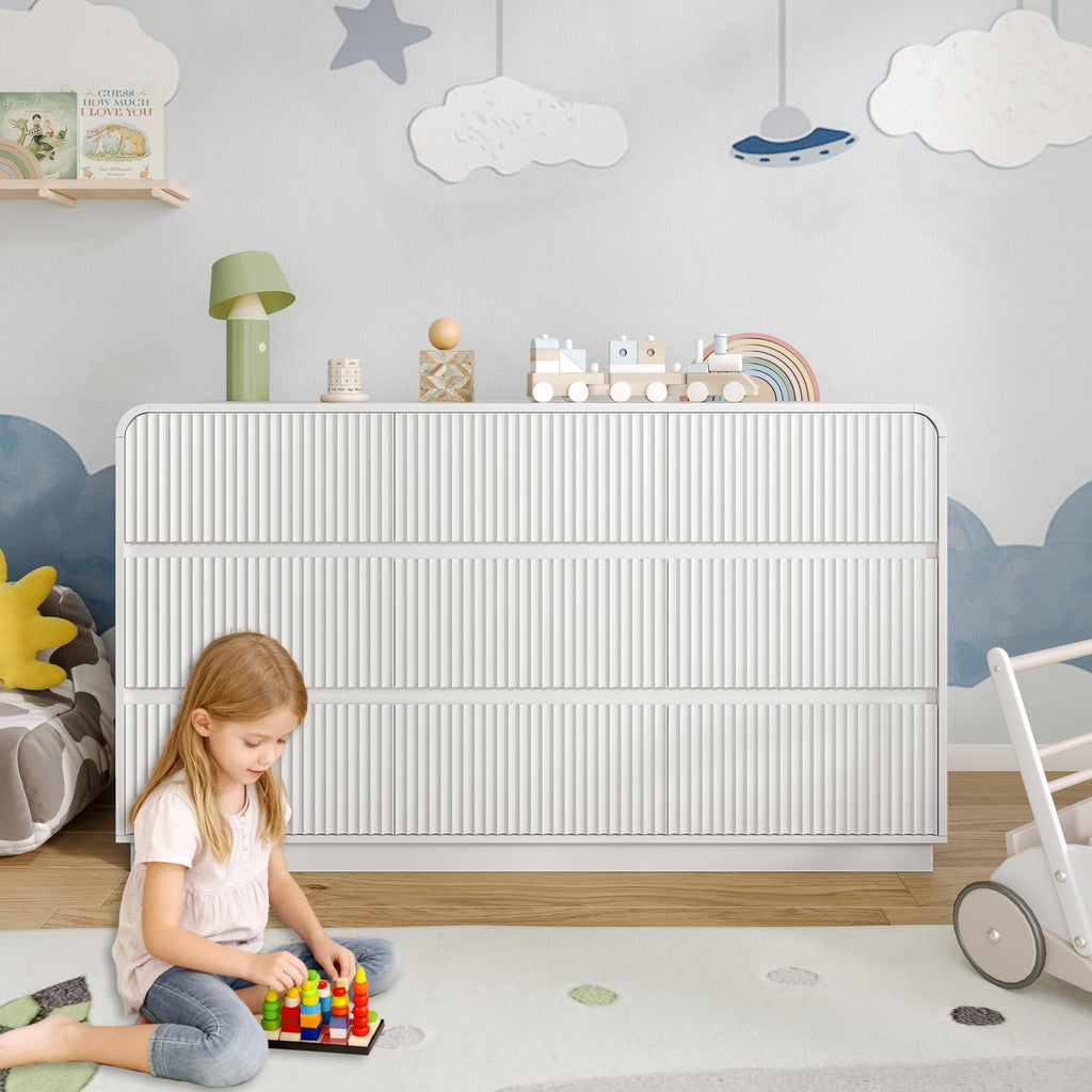 Dresser with 9 Drawers, Fluted Chest of Drawers with Round Curved Corner, Hidden Handles, Modern Wood Storage