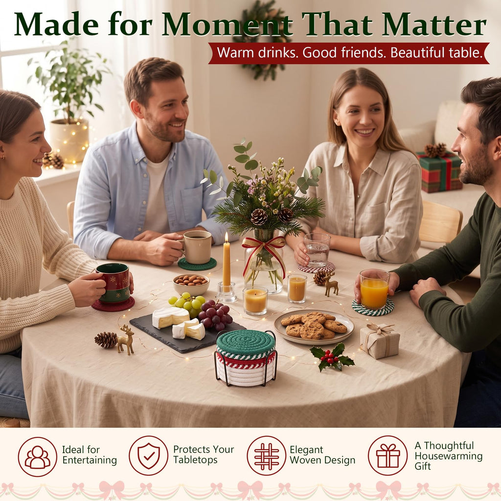 8 Pcs Coasters with Holder for Beer, Coffee -Christmas Mixed Color