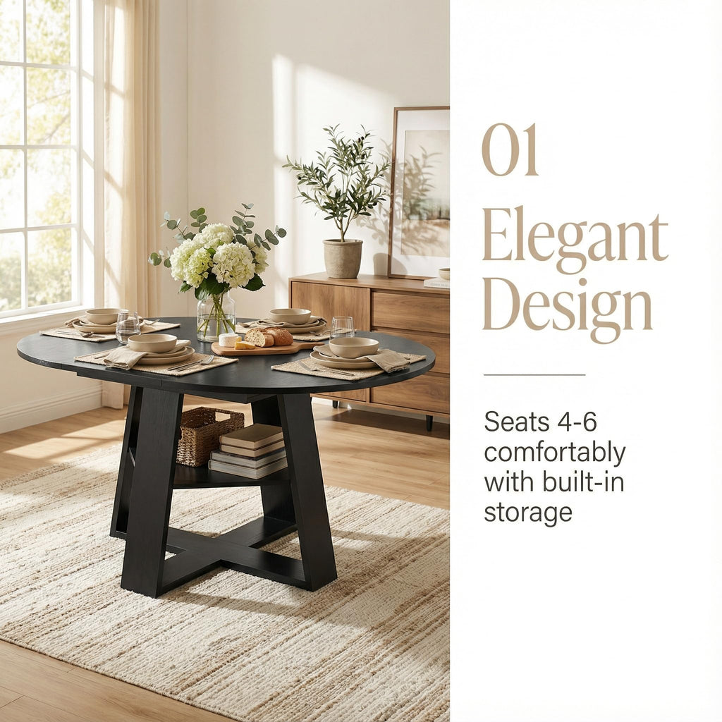 Round Extendable Dining Table Set for 6, 43"-59" Black Expandable Kitchen Table with 6 Black Velvet Tufted Chairs