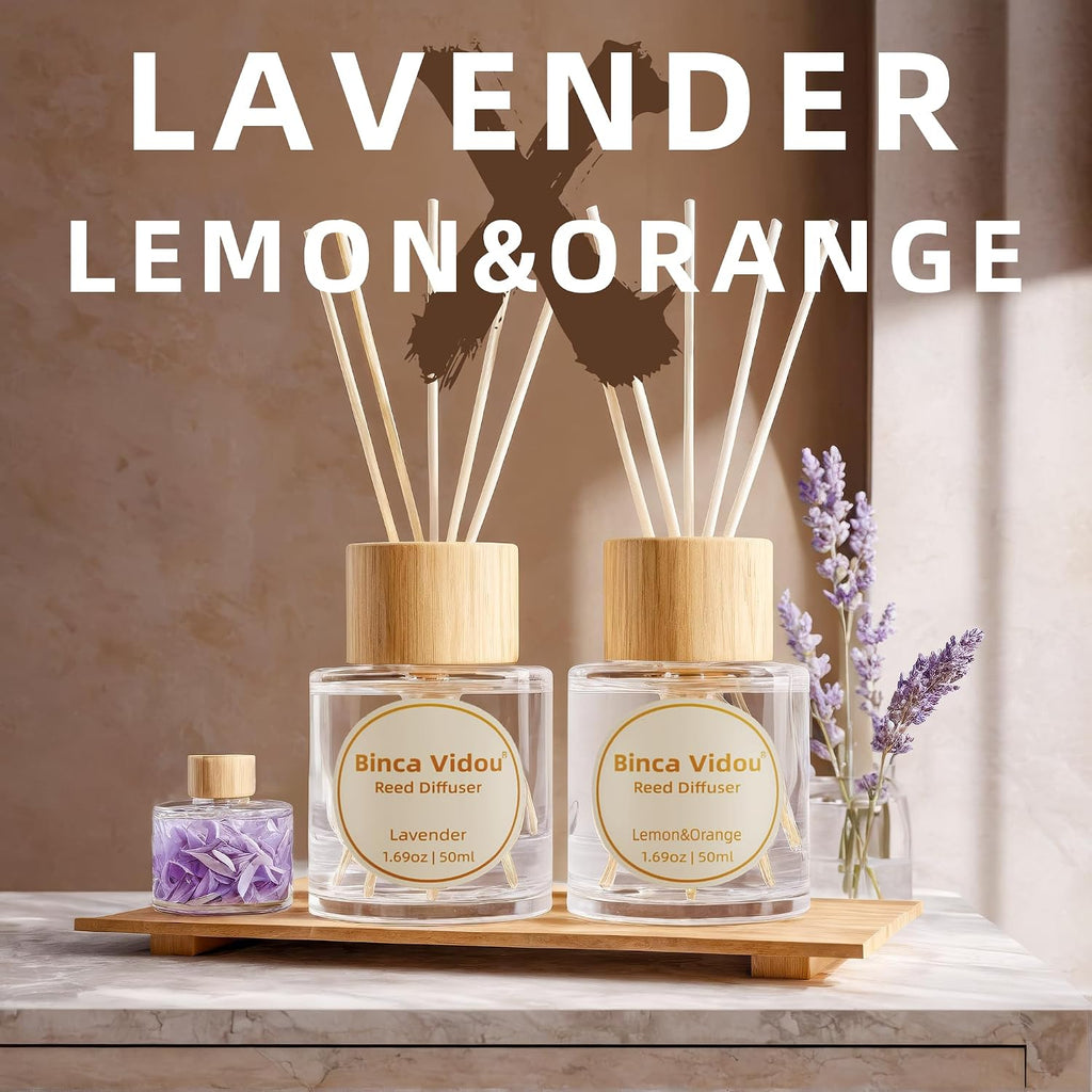 Reed Diffuser Set, Lavender Orange & Lemon Natural Scent Oil Diffusers with Sticks Bathroom Aromatherapy Decor 1.69oz - Set of 2