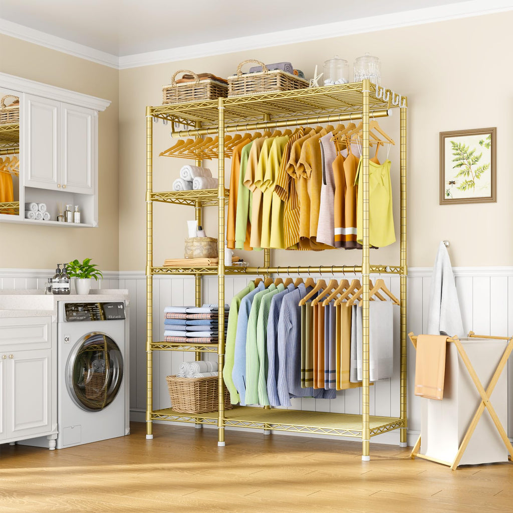 F2 Clothes Rack, 5 Tiers Heavy Duty Garment Rack, Load 692lbs, Gold