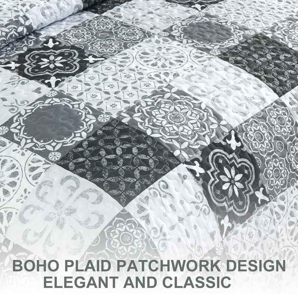 Grey Black Quilt Set Queen, Boho Plaid Patchwork Bedspreads Coverlet Set, 3 Pieces Soft Lightweight Microfiber