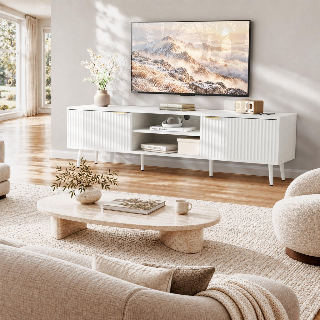 70" TV Stand for TVs up to 65 Inches, Mid Century Modern TV Console with Fluted Doors, Adjustable Shelf & Cable
