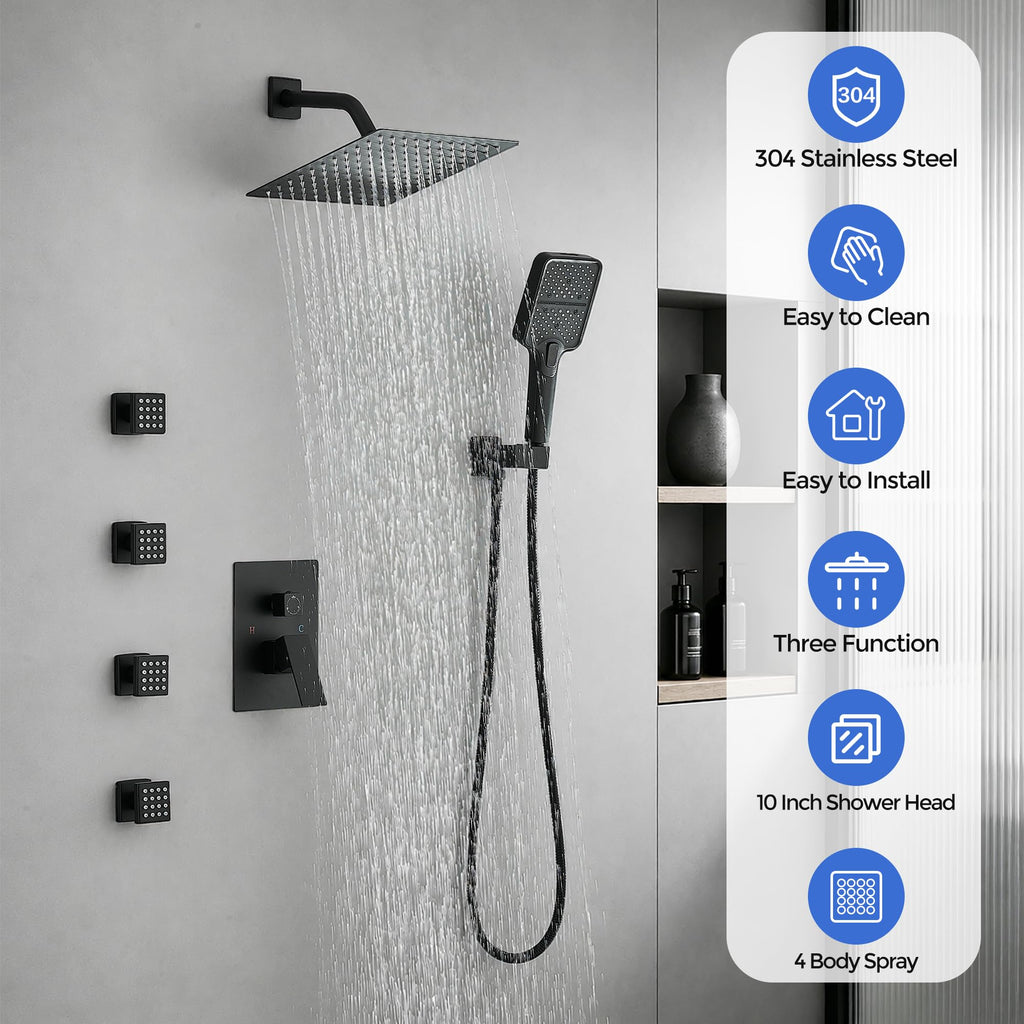10 Inch Rain Shower Faucet Set with Body Jets, Matte Black