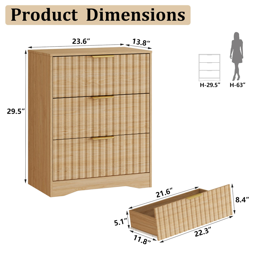 Fluted 3 Drawer Dresser, 30" Tall Modern Dressers, Natural Oak