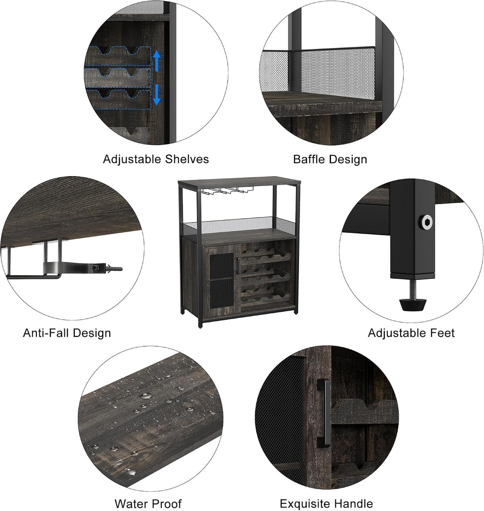 Wine Bar Cabinet with Detachable Wine Rack and Storage Space | 3-Tier Buffet Cabinet with Glass Holder and Mesh Door