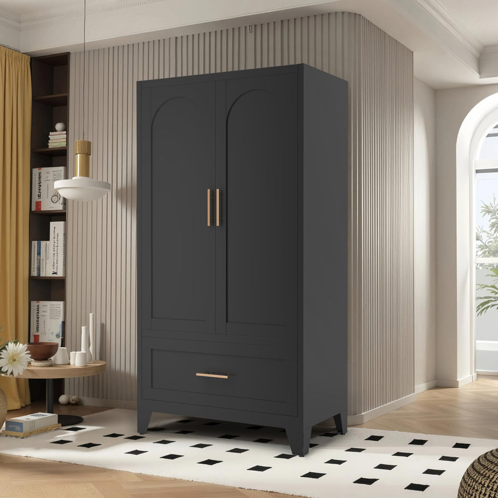 60" Tall Steel Wardrobe Closet with Hanging Rod, 2 Doors, Black