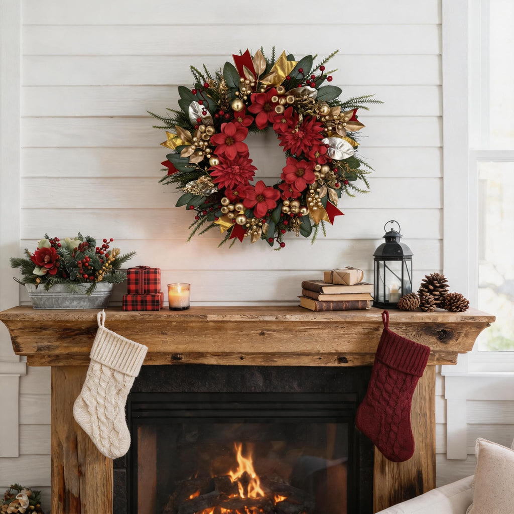24 Inch Red & Gold Christmas Wreath for Front Door with Velvet Ribbon