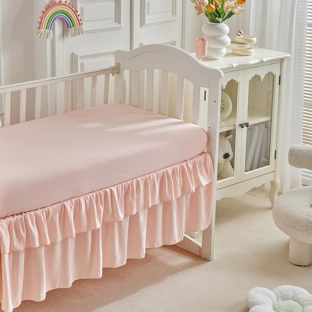 Lace Ruffle Crib Bedding Set 3 Pieces Baby Boho Lace Quilted Comforter with Fitted Sheet and Bed Skirt - Cute Ruffled