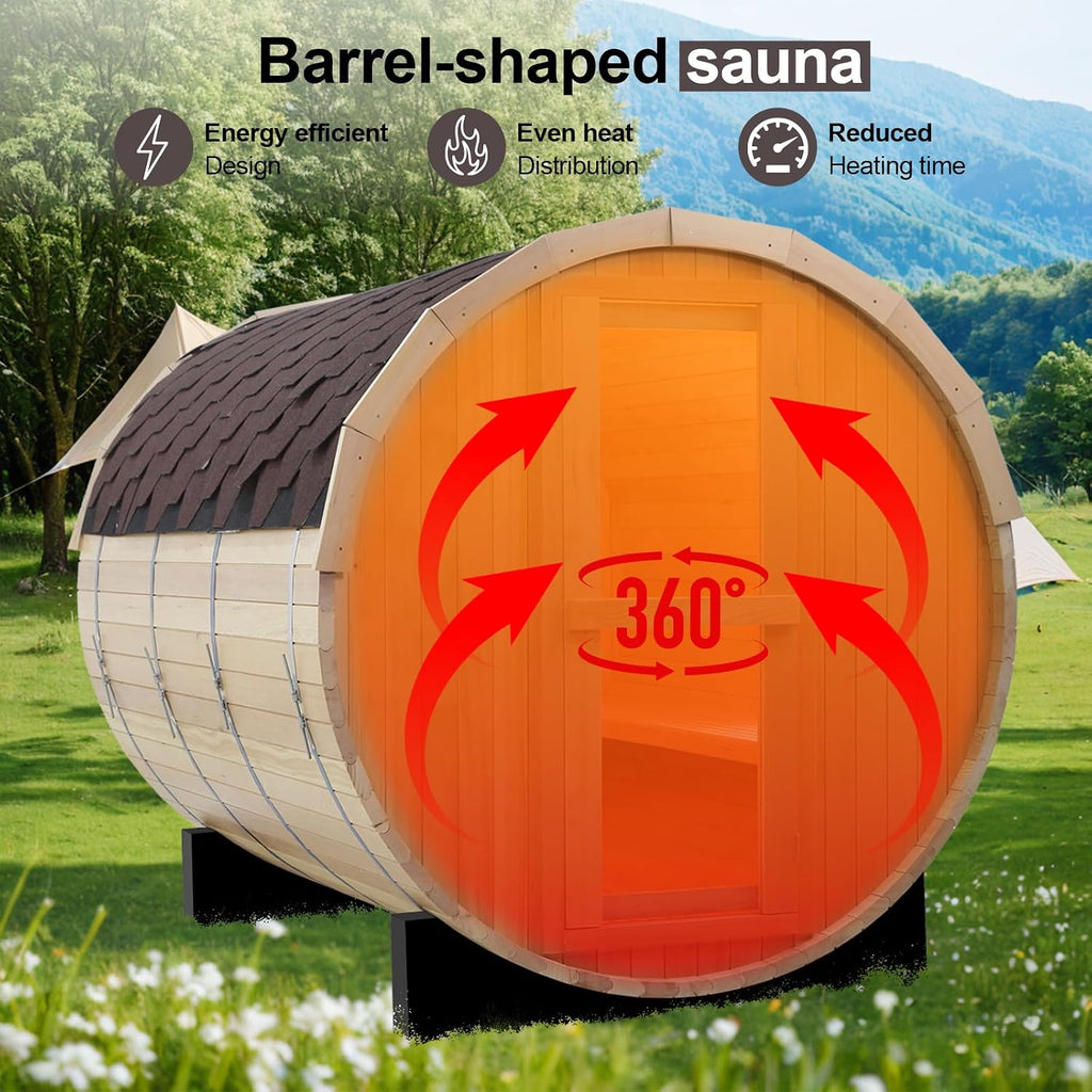 Indoor and Outdoor Barrel Sauna Room with Asphalt Shingle Roof, Wooden Steam Sauna with 4.5KW Certified TOULE Heater