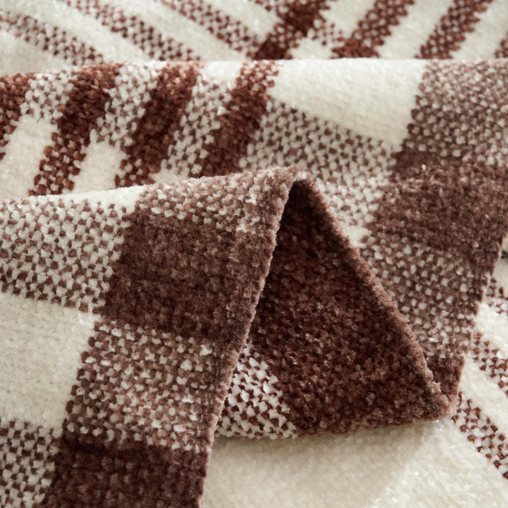 Chenille Throw Blanket Knotted Tassels 50x60, Dark Brown Plaid