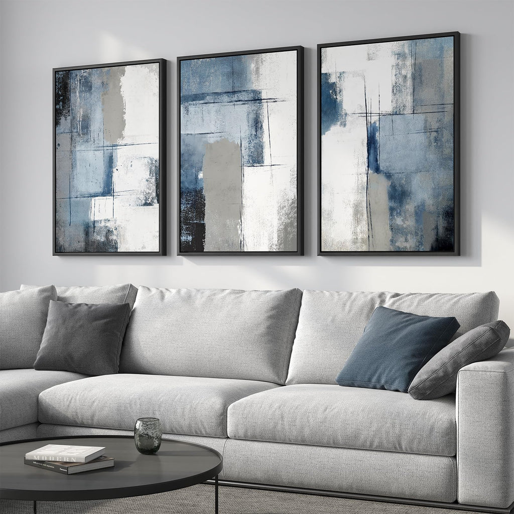Large Framed Blue and Gray Abstract Wall Art, 3 Piece 24x36