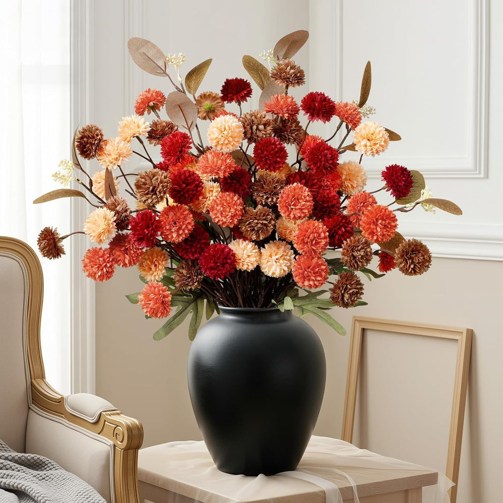 Silk Mums Artificial Fall Flowers with Eucalyptus for Vase - Set of 16