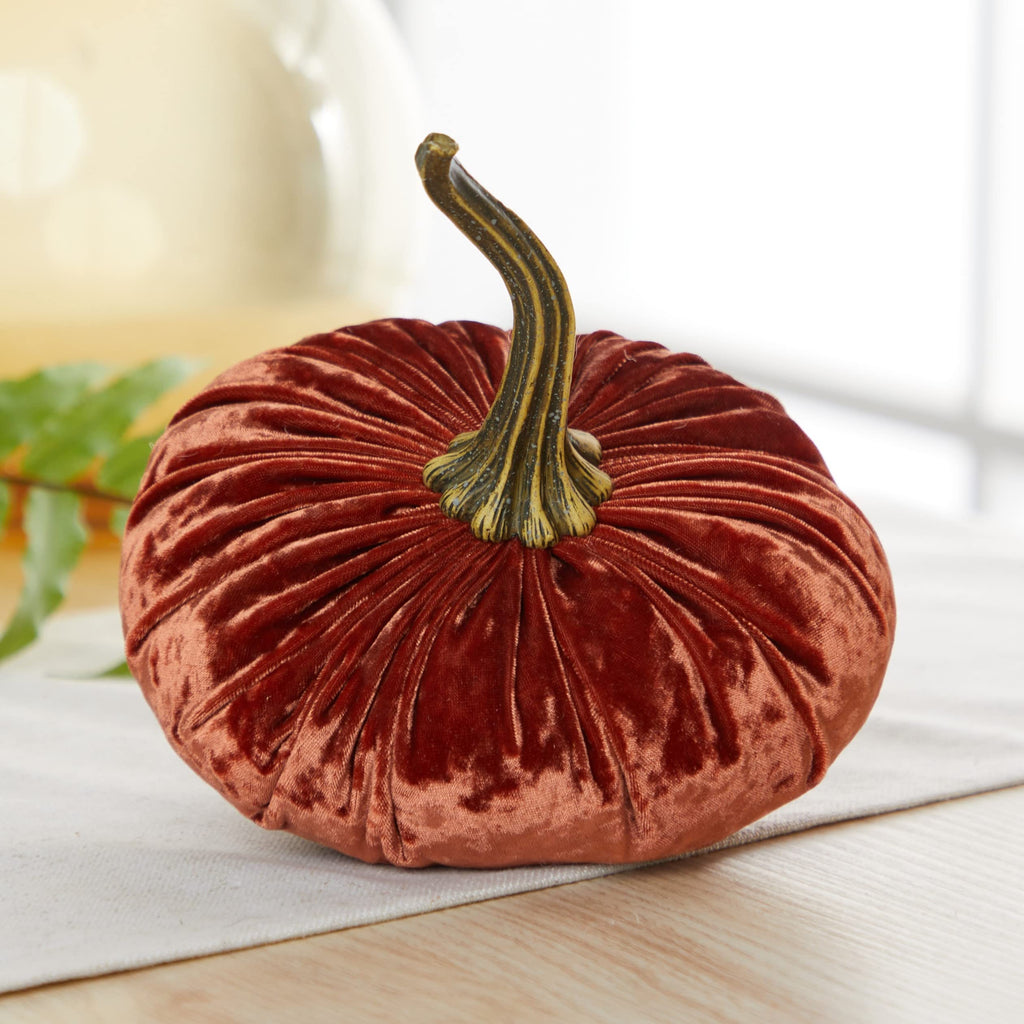Set of 3 Velvet 6.25 Inch Pumpkins, classic orange pumpkin, Thanksgiving centerpiece, elegant luxe accent for the