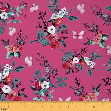 Boho Floral Soft Polyester, Pink Butterflies Washable Material for Handmade Supplies No Stretch Rustic Farmhouse Craft