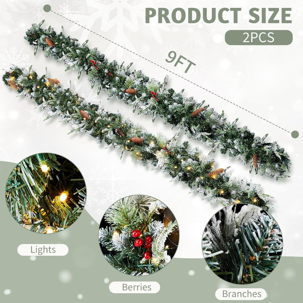 2 Pack 9 FT Snow Flocked Christmas Garland, 200 Warm Lights