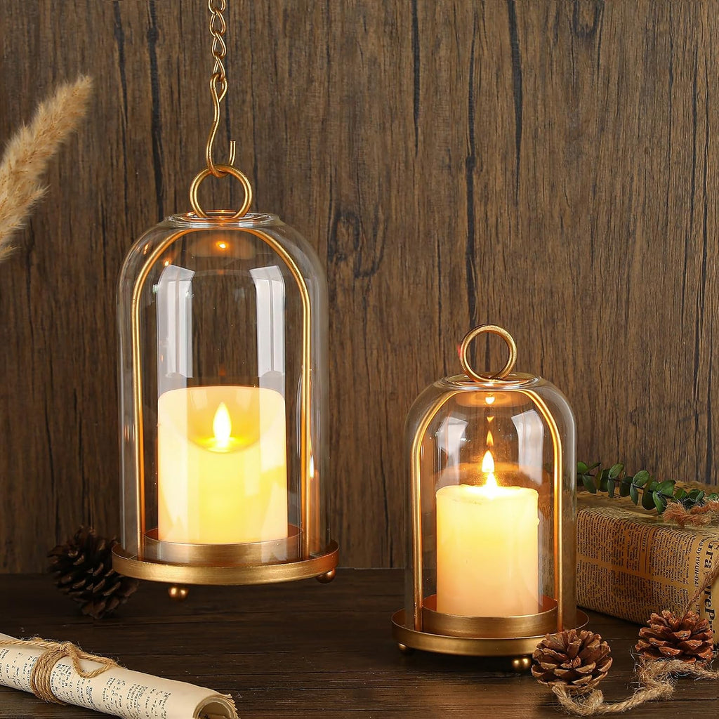 Vintage Brass Metal Candle Lantern with Thick Glass Dome - Set of 2 Shabby Chic Style Candle Holders (5.25"x10" &