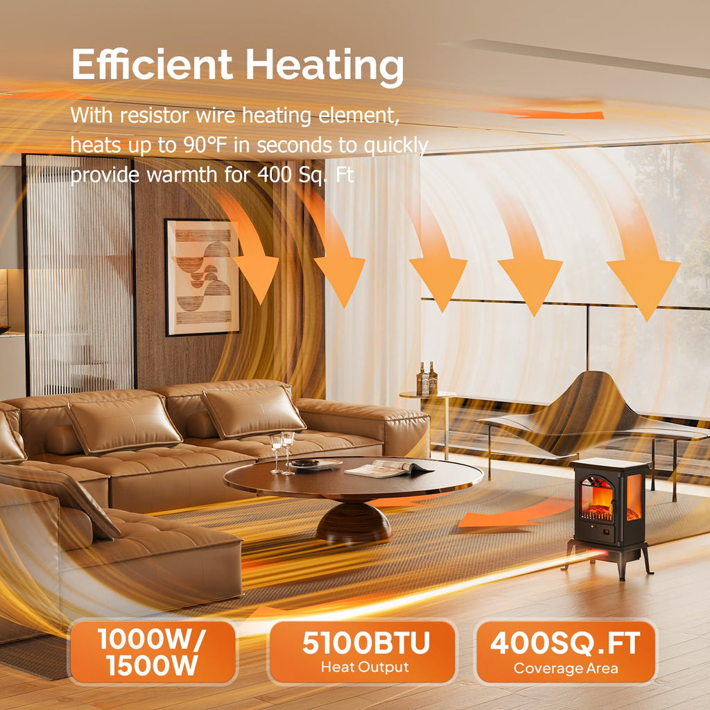 22.4"H Electric Fireplace Heater, 1500W Freestanding Fireplace Stove w/ 3D Flame Effect, Remote, Timer, Adjustable
