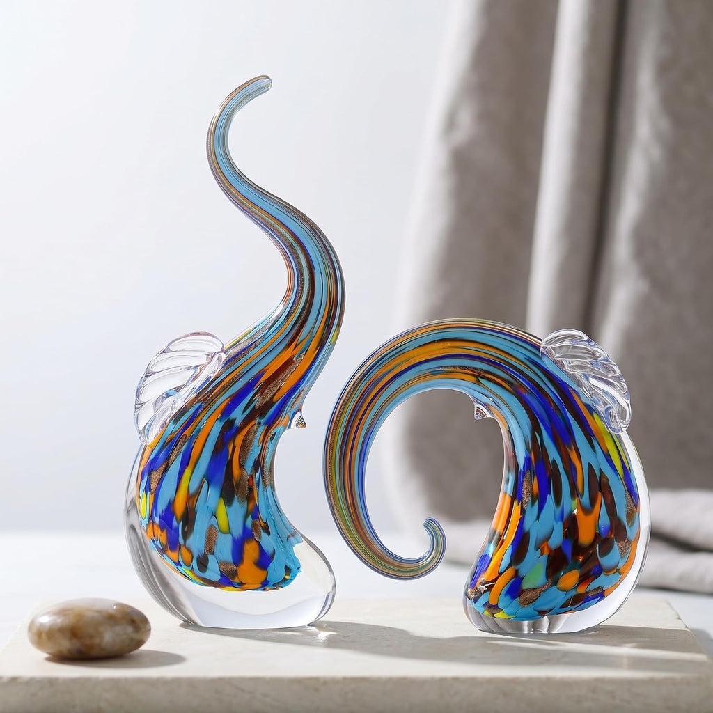Hand Blown Elephant Statues Set - Luxury Sculptures Home Decor Art Glass Ornament Animal Collectible (Green) - Set of 2