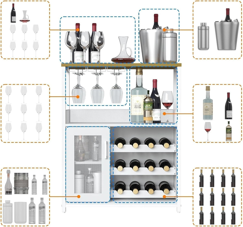 Wine Bar Cabinet with Detachable Wine Rack and Storage Space | 3-Tier Buffet Cabinet with Glass Holder and Mesh Door