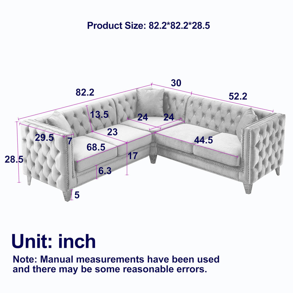 82.2" Tufted Velvet Corner Sofa, 5 Seat L-Shaped Sectional Couch, Buttons Tufted Square Arm Couch Apartment, Gray