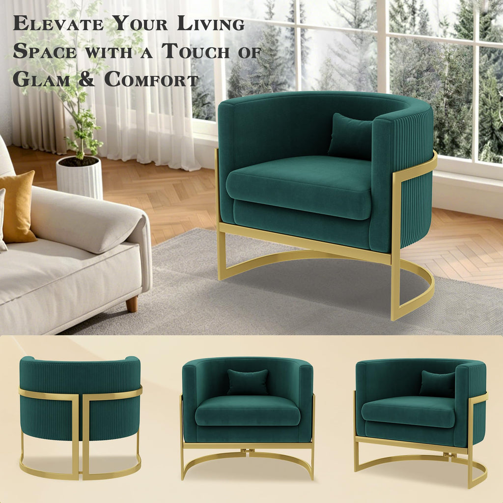 Green Accent Chair Modern Velvet Barrel Chair with Gold Metal Legs