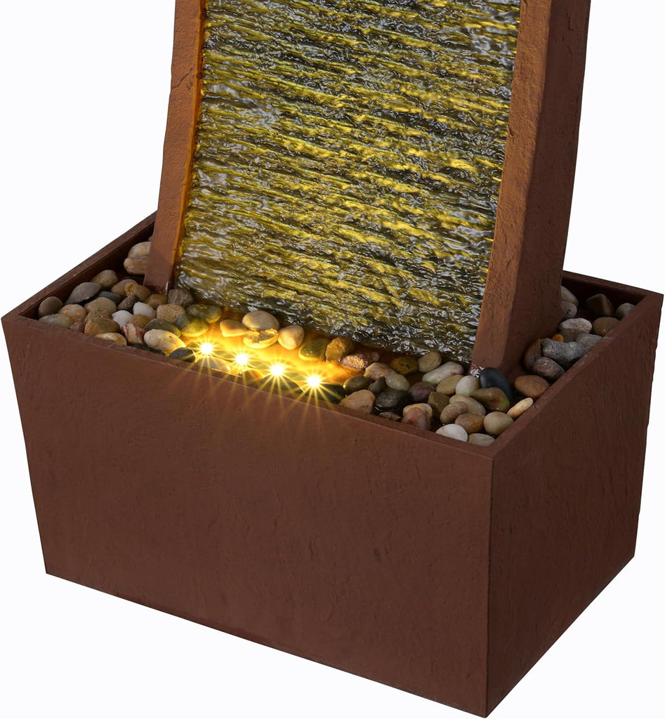38.5" Modern Curved Faux Slate Waterfall Fountain with LED Lights, Red Rock