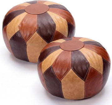 2 Pcs Unstuffed Moroccan Faux Leather Pouf Ottoman with Storage Round Boho Floor Pouf Foot Stool Decorative Ottoman