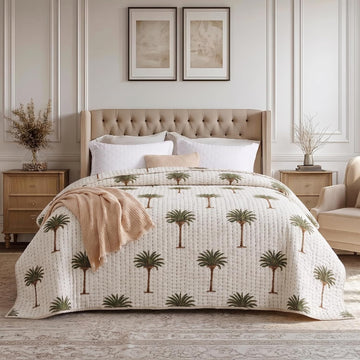 Hand Block Printed Palm Tree Baby Quilt 40x60 Inches, Reversible Cotton Kantha Throw, Tropical Green Tree Soft
