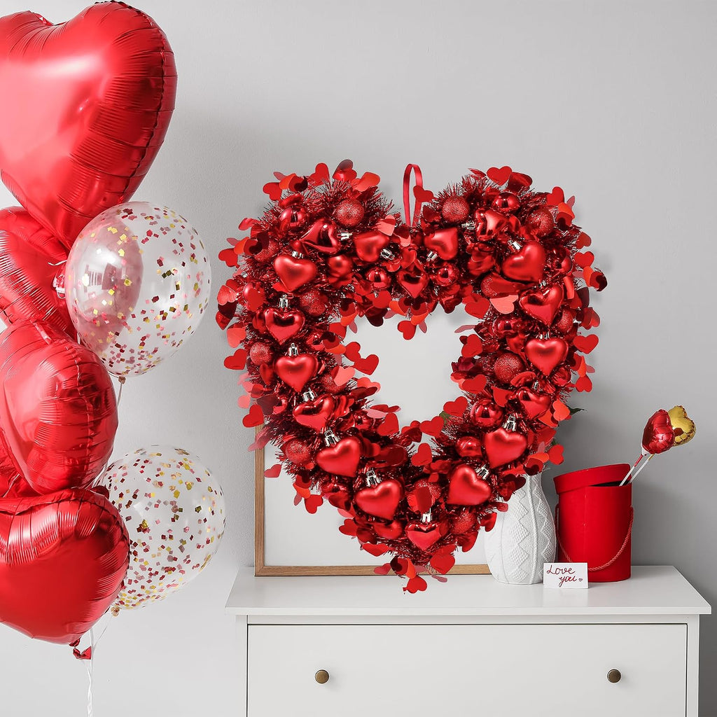 17.7" Heart Shaped Wreath Valentine's Day Red Heart Wreath for Front Door Wedding Party Anniversary Wall Decor Gift