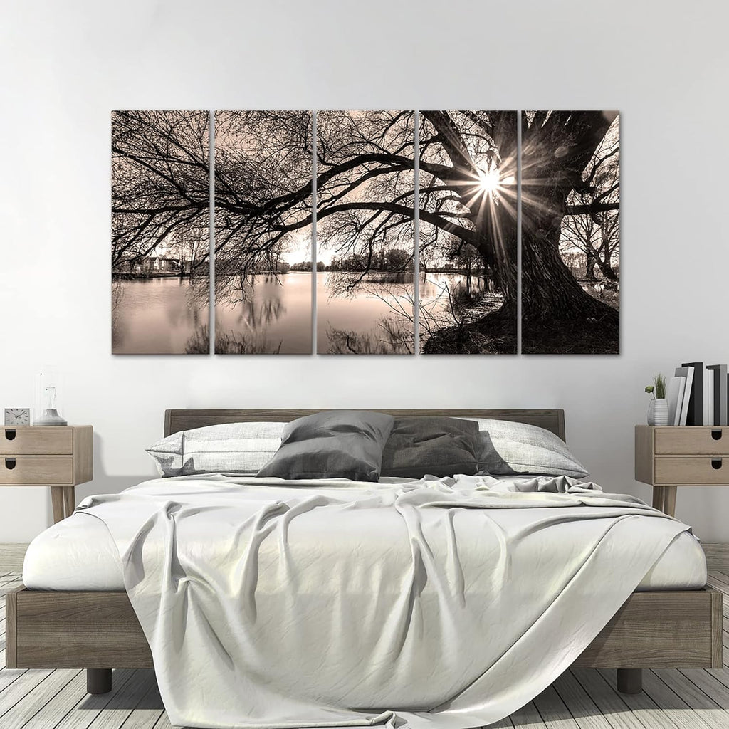 Extra Large 5 Piece Wall Art Old Tree by Lake Picture Canvas Prints Sepia Brown Sunrise Landscape Painting Art Modern