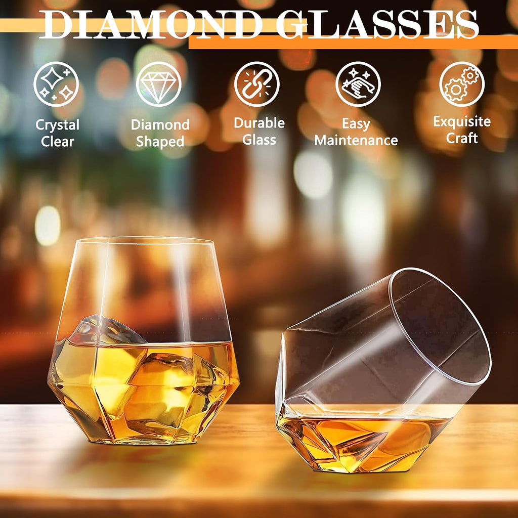 Diamond Whiskey Decanter Set, Diamond Decanter Set with 4 Glasses 4 Whiskey Stones, Decanter Whiskey Set Gifts for Men - Set of 4