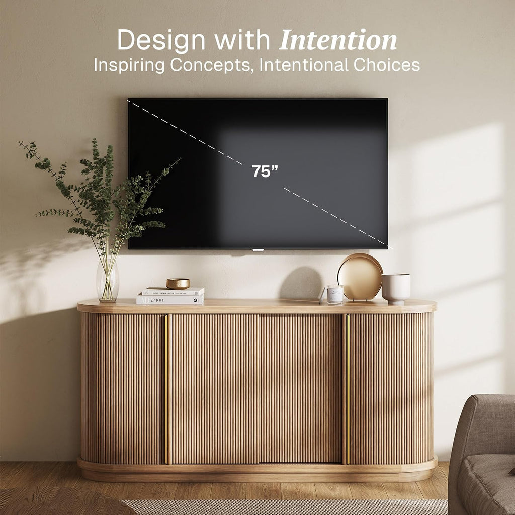Turin 67" Sideboard Buffet Cabinet-Camel | Modern Style,Fluted Wood Sliding Tambour Door,Oval Curved,Gold
