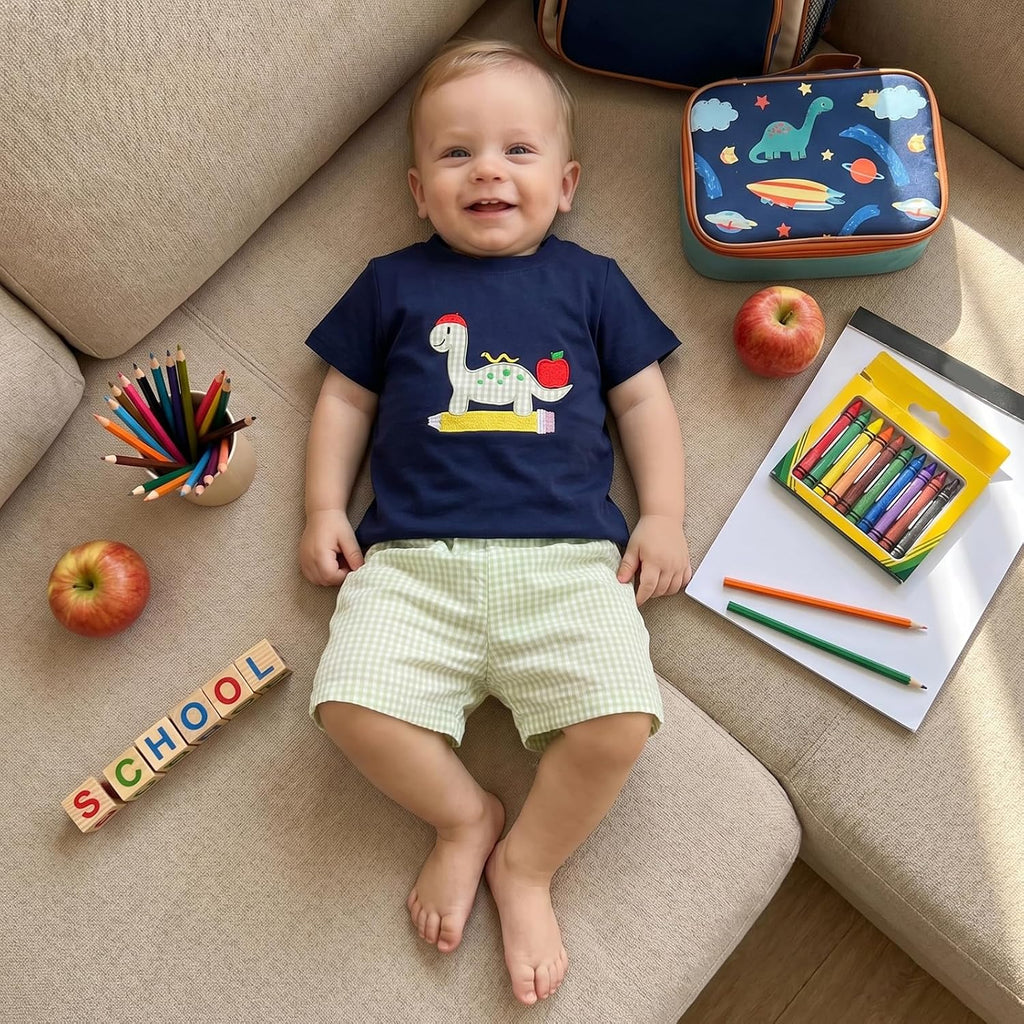 Kids Toddler Boy Back to School Outfit Short Sleeve Embroidery T Shirt Plaid Shorts Set First Day of School Clothes