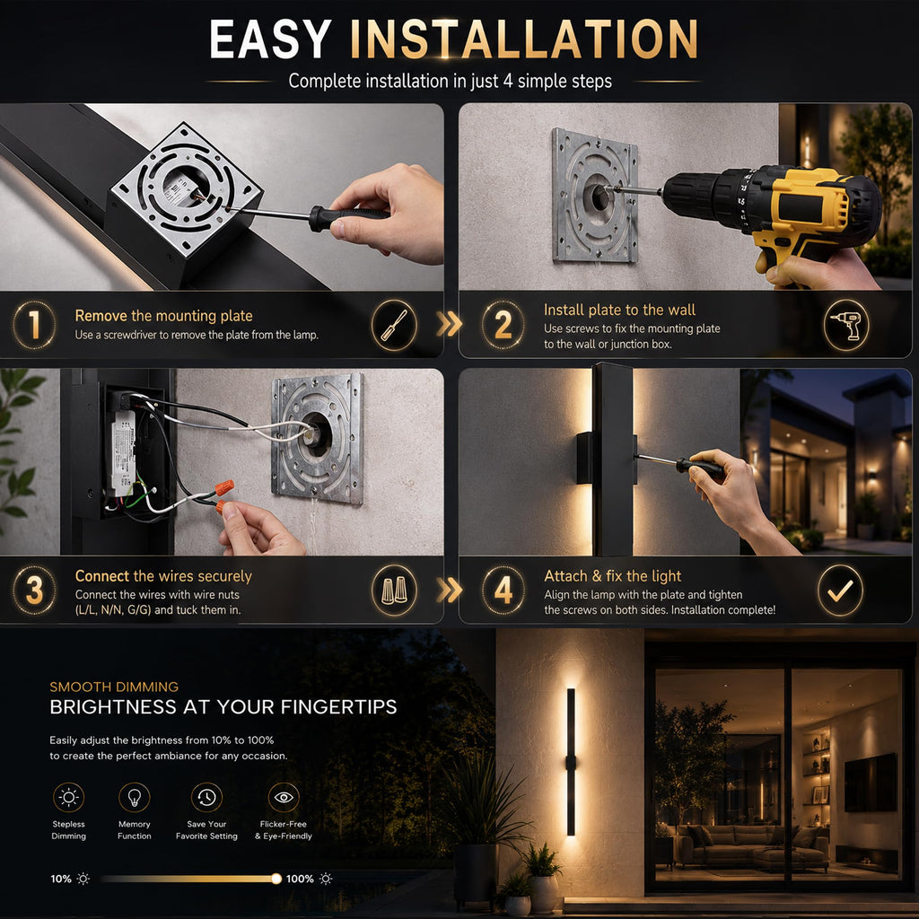 2Pack Modern Outdoor Wall Lights Dimmable, 23.6" Linear Led Exterior Wall Light, 3CCT, Aluminum& PC, IP65-Waterproof