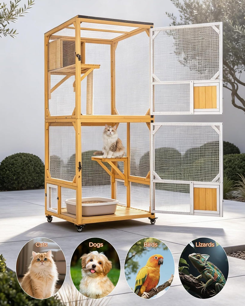 71.7" Catio Outdoor Cat Enclosure, 4 Tier Wooden Cat House with Wheels, Indoor Outdoor Cat Cage with Window Access