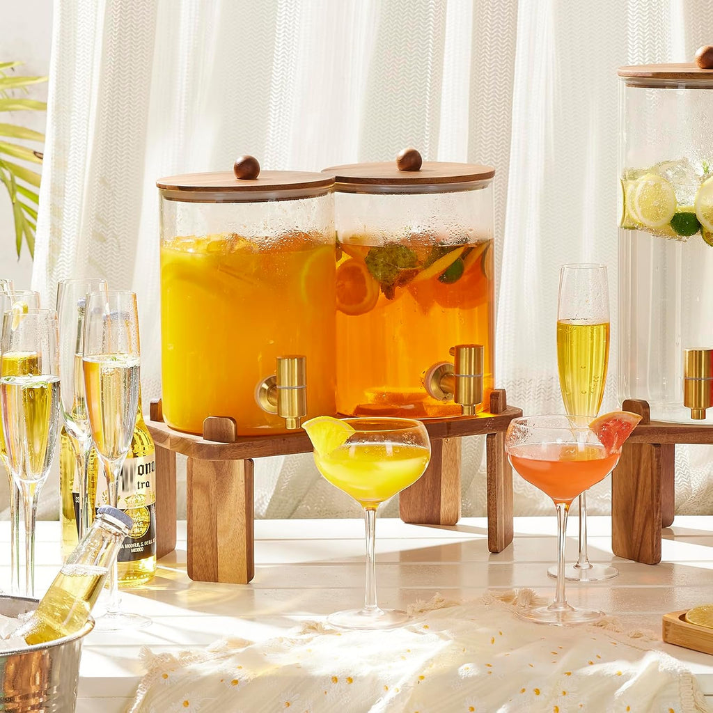 Glass Drink Dispenser for Party: 2p 1 Gallon Dispenser w/Stand - Set of 2