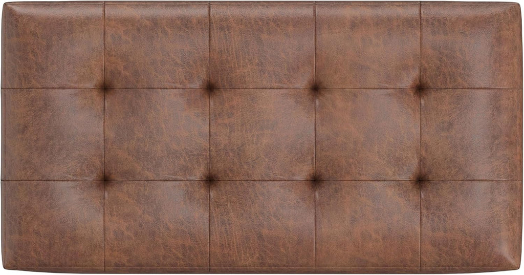 Cosmopolitan 34" Wide Vegan Leather Storage Ottoman in Brown | Distressed saddle brown, transitional storage ottoman