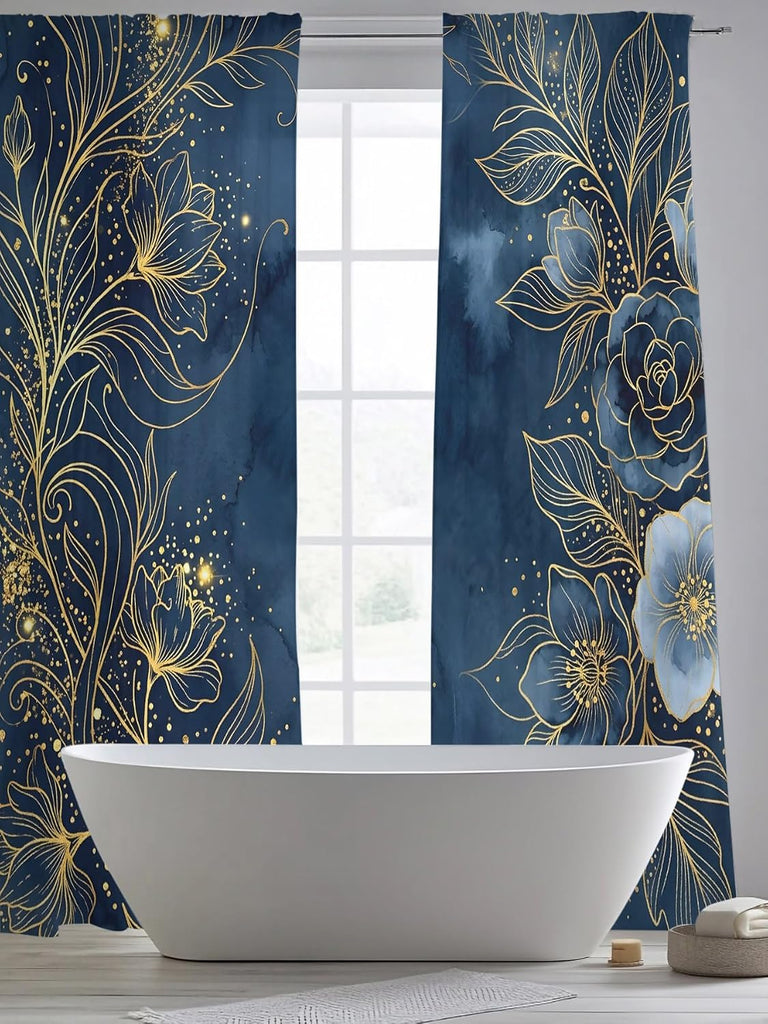Luxury Floral Sheer Curtains for Living Room Bedroom Blue Golden Lace Vintage Sheer Curtains 96 Inch Long 2 Panels