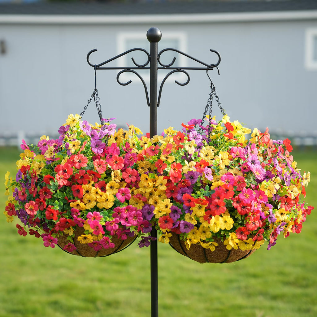 2 Set Artificial Flowers Faux Hanging Plants Basket for Spring Summer Outdoor Outside Decoration, Fake Silk UV Sun