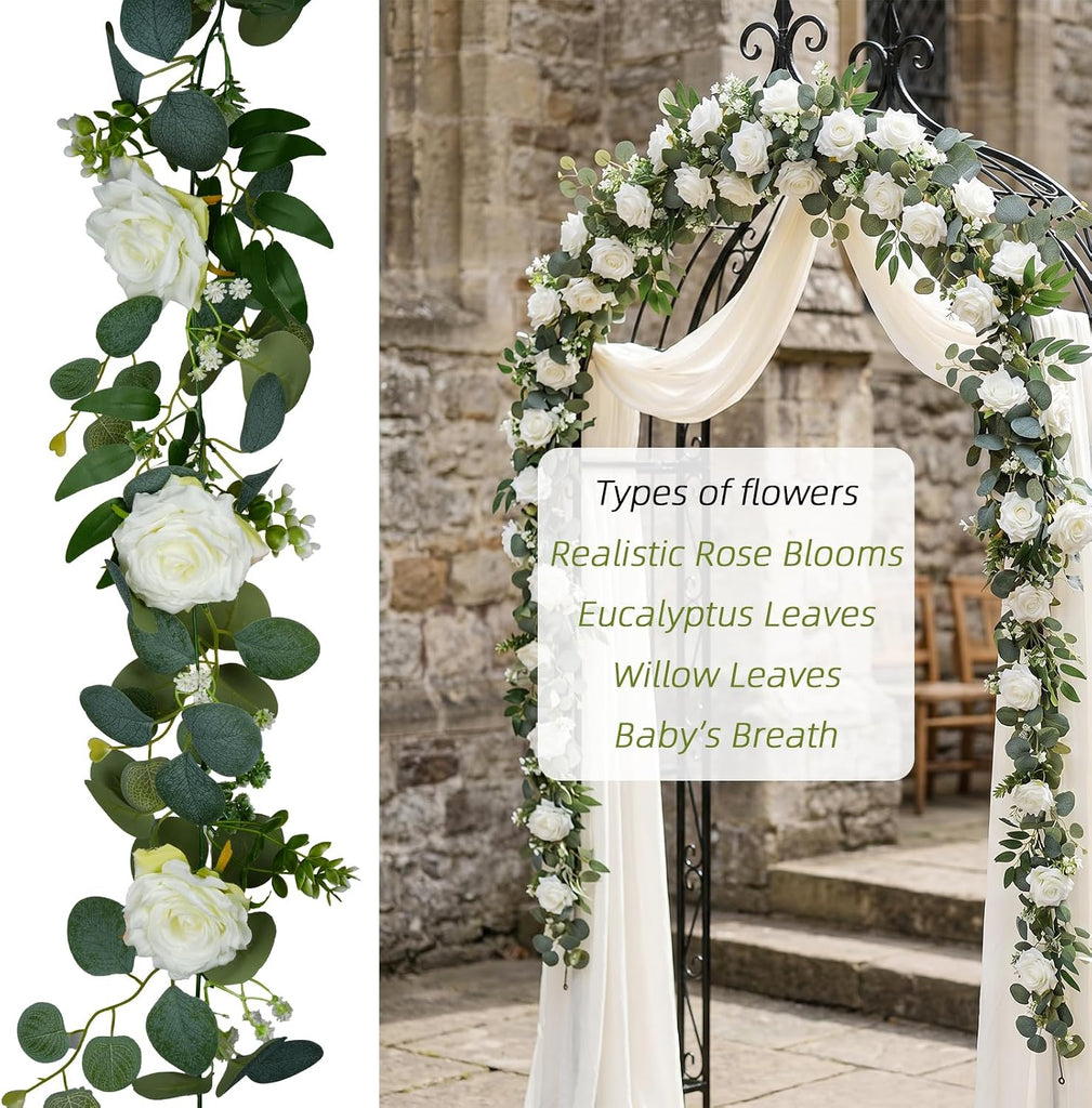 Artificial Flower Garland, White Rose Eucalyptus Vine, 2 Pack 12 ft Total, 6 ft Each, for Wedding Arch, Bridal Shower - Set of 2